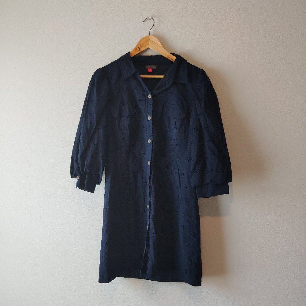 Vince Camuto Eyelet Cotton Navy Button-Up Dress